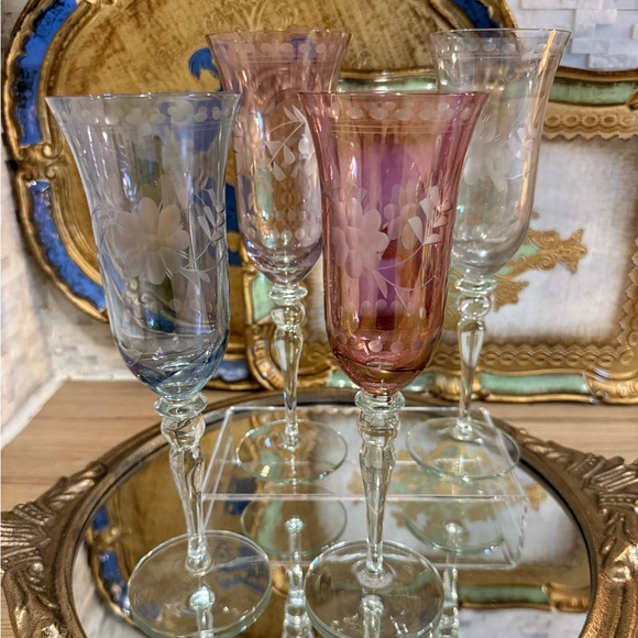 Royal Danube Amethyst Cut Floral Champagne FlutesSet of 4 Antique Glasses